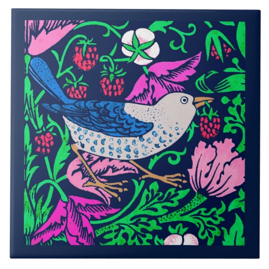 William Morris Bird & Blume Tile, Navy & Fuchsia Fliese (Vorderseite)