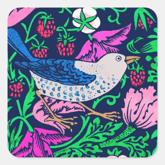William Morris Bird & Blume Tile, Navy & Fuchsia Quadratischer Aufkleber (Vorderseite)