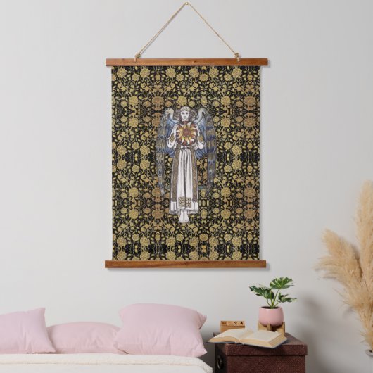 William * Morris Black and Gold Floral Angel Wandteppich Mit Holzrahmen (Schlafzimmer)