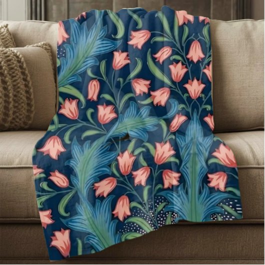 William Morris Blau Grün Rosa Blumenmuster Fleecedecke