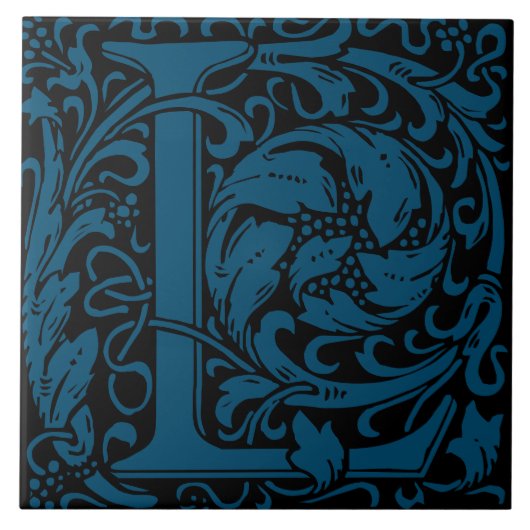 William Morris Blau monogrammierter Brief L Fliese (Vorderseite)