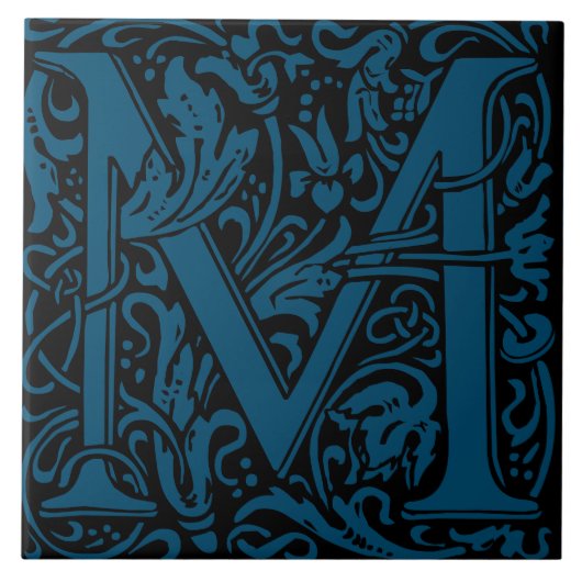 William Morris Blau monogrammierter Buchstabe M Fliese (Vorderseite)