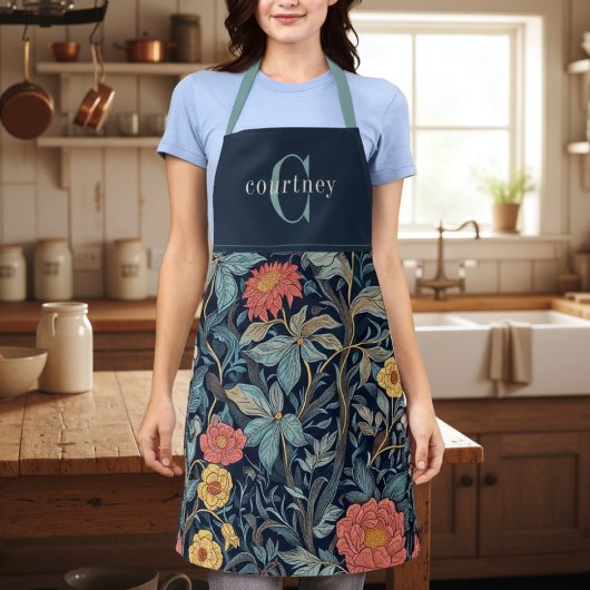 William Morris Blau Türkis Florales Monogramm Schürze