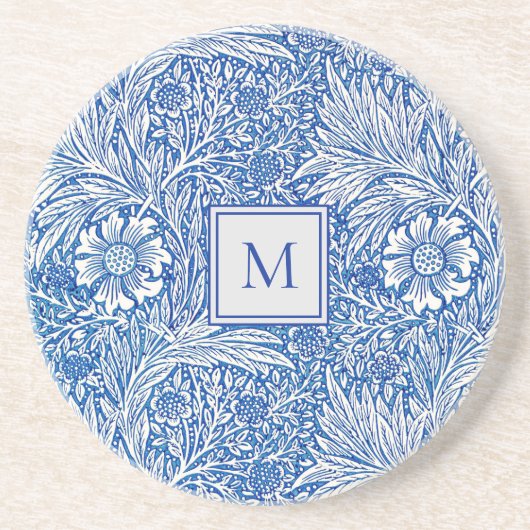 William Morris Blue Marigold Monogram Sandstone Getränkeuntersetzer (Vorne)