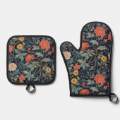 William Morris Blue Teal Arts & Crafts Floral Ofenhandschuh & Topflappen-Set (Vorderseite)