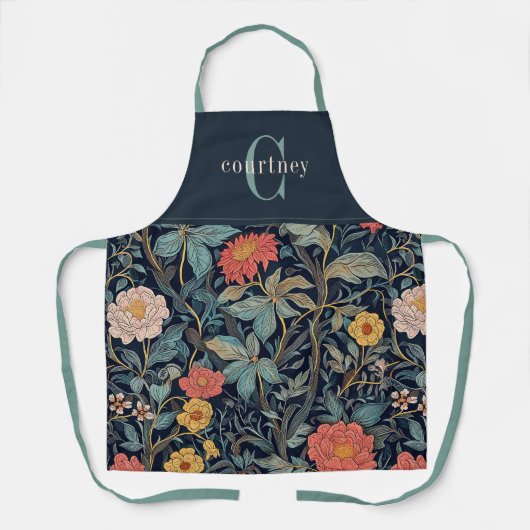 William Morris Blue Teal Floral Monogram Schürze (Vorderseite)