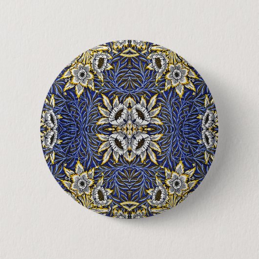 William Morris Blue und Gold Tulip Willow Design Button (Vorderseite)