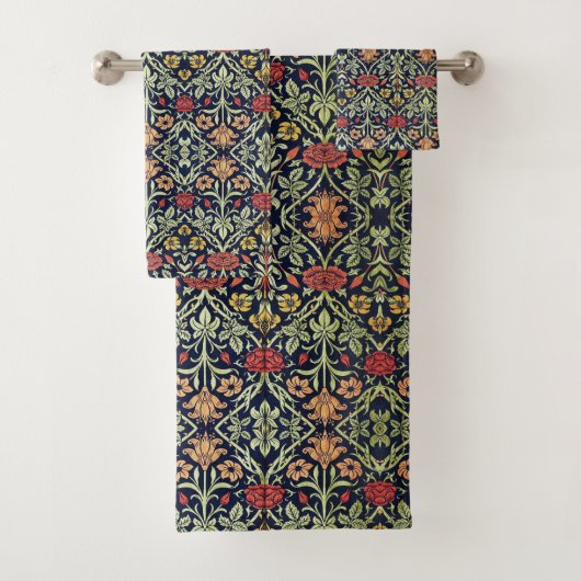 William Morris Blume Foliage Green Yellow Red Badhandtuch Set (Insitu)
