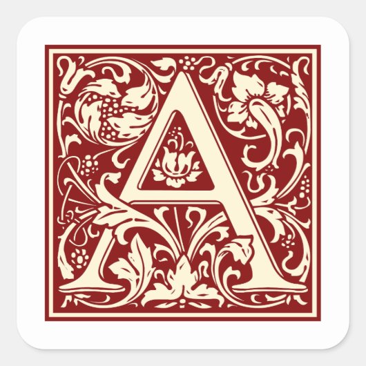 William Morris Buchstabe A Monogramm Initiale Rot Quadratischer Aufkleber (Vorderseite)