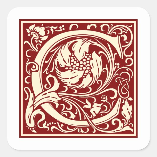 William Morris Buchstabe C Monogramm Initiale Rot Quadratischer Aufkleber (Vorderseite)