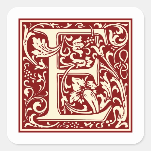 William Morris Buchstabe E Monogramm Initiale Rot Quadratischer Aufkleber (Vorderseite)