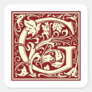 William Morris Buchstabe G Monogramm Initiale Rot Quadratischer Aufkleber