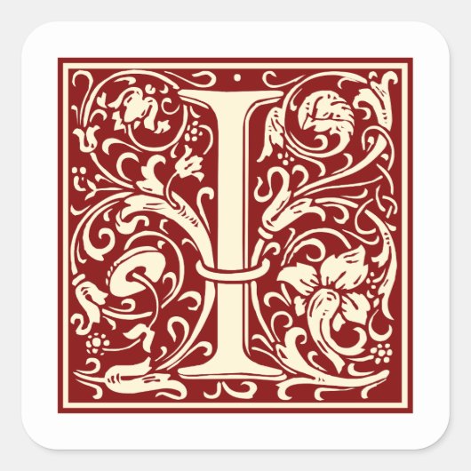 William Morris Buchstabe I Monogramm Initial Rot Quadratischer Aufkleber (Vorderseite)