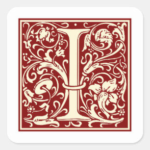 William Morris Buchstabe I Monogramm Initial Rot Quadratischer Aufkleber