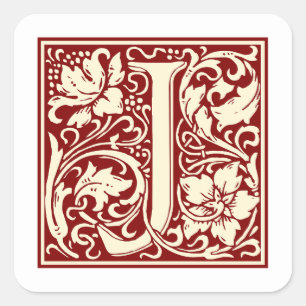 William Morris Buchstabe J Monogramm Initiale Rot Quadratischer Aufkleber