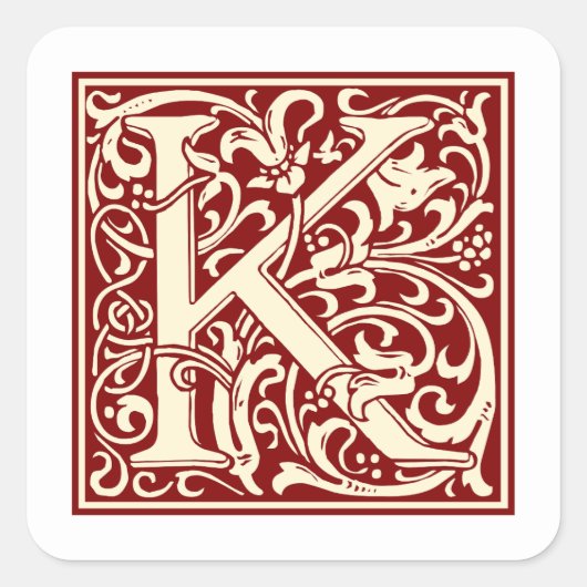 William Morris Buchstabe K Monogramm Initiale Rot Quadratischer Aufkleber (Vorderseite)