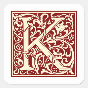William Morris Buchstabe K Monogramm Initiale Rot Quadratischer Aufkleber