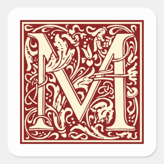 William Morris Buchstabe M Monogramm Initiale Rot Quadratischer Aufkleber (Vorderseite)