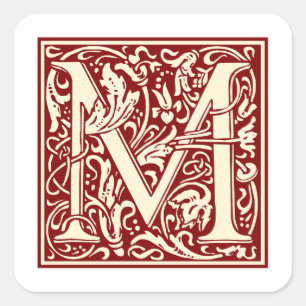 William Morris Buchstabe M Monogramm Initiale Rot Quadratischer Aufkleber