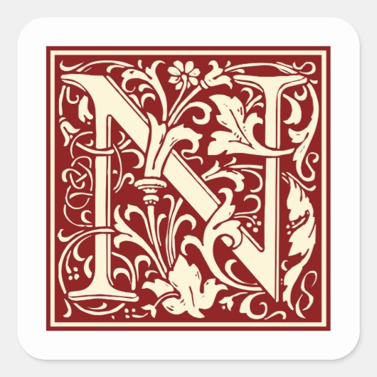 William Morris Buchstabe N Monogramm Initiale Rot Quadratischer Aufkleber (Vorderseite)