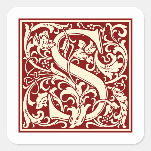 William Morris Buchstabe S Monogramm Initiale Rot Quadratischer Aufkleber (Vorderseite)