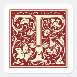 William Morris Buchstabe T Monogramm Initiale Rot Quadratischer Aufkleber