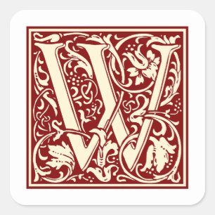 William Morris Buchstabe W Monogramm Initiale Rot Quadratischer Aufkleber