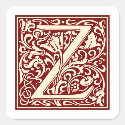 William Morris Buchstabe Z Monogramm Initiale Rot Quadratischer Aufkleber (Vorderseite)