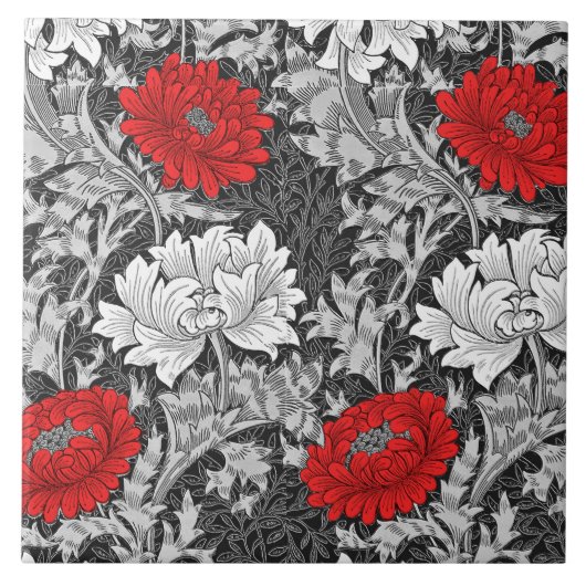 William Morris Chrysanthemen, grau und rot Fliese (Vorderseite)
