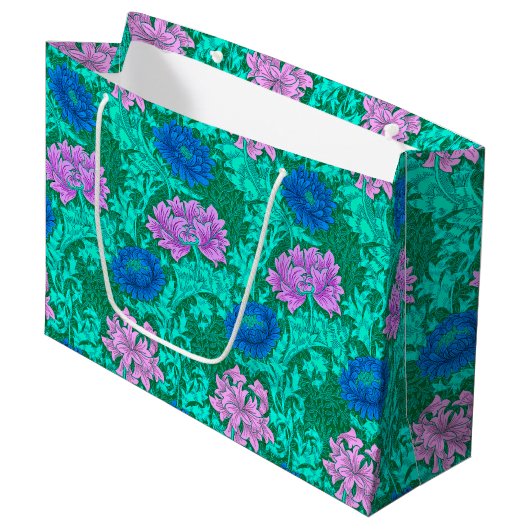 William Morris Chrysanthemums, Aqua und Violet Große Geschenktüte (Vorderseite Schrägansicht)