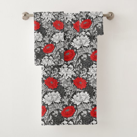 William Morris Chrysanthemums, grau und rot Badhandtuch Set (Insitu)