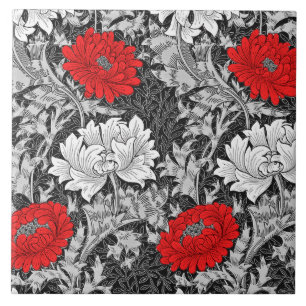 William Morris Chrysanthemums, grau und rot Fliese