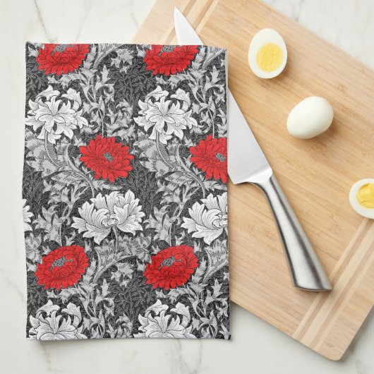 William Morris Chrysanthemums, grau und rot Geschirrtuch (Viertel Falte)