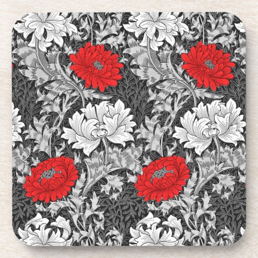 William Morris Chrysanthemums, grau und rot Getränkeuntersetzer (Vorderseite)