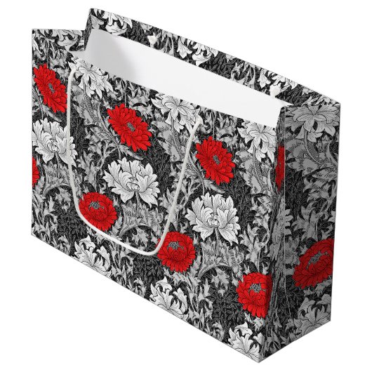William Morris Chrysanthemums, grau und rot Große Geschenktüte (Vorderseite Schrägansicht)