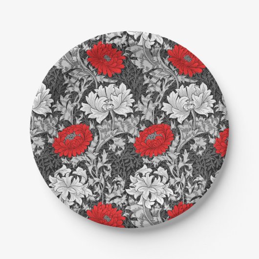 William Morris Chrysanthemums, grau und rot Pappteller (Vorderseite)