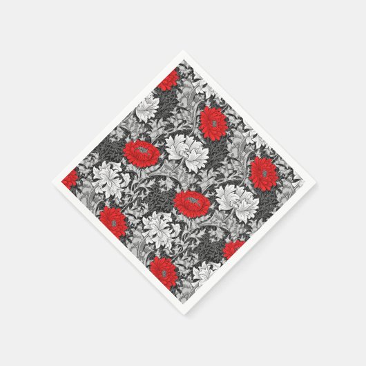William Morris Chrysanthemums, grau und rot Serviette (Ecke)