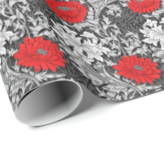 William Morris Chrysanthemums, Gray and Red Geschenkpapier (Rolleneckpunkt)