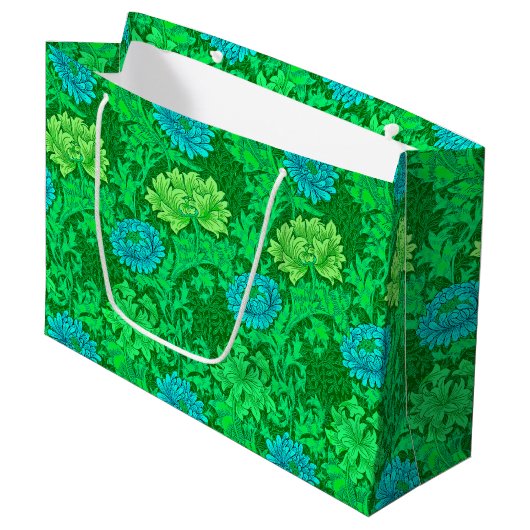 William Morris Chrysanthemums, Lime Green & Aqua Große Geschenktüte (Vorderseite Schrägansicht)
