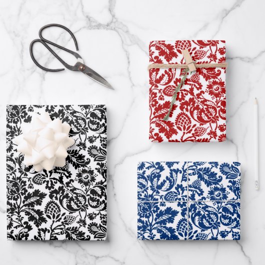 William Morris Damask Black & White, Red, Blue Geschenkpapier Set (Vorderseite)
