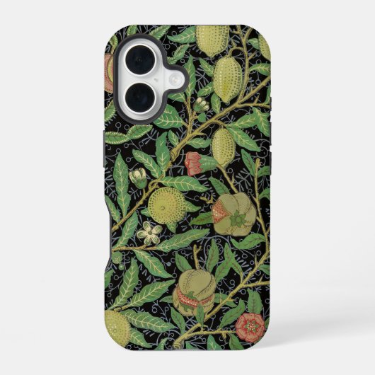 William Morris Dark Granatapfel Fruchtmuster iPhone 16 Hülle (Rückseite)