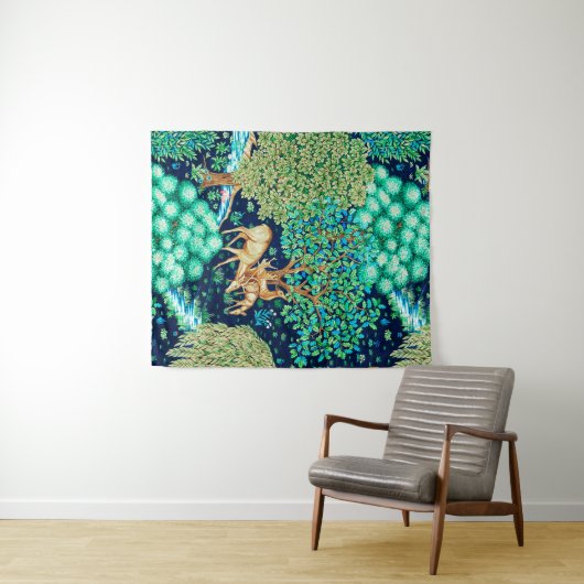 William Morris Deer by a Brook Indigo Tapestry Wandteppich (Beispiel (Horizontal))