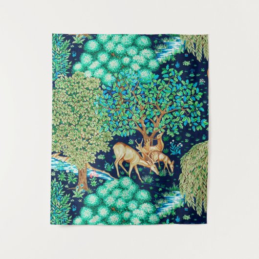 William Morris Deer by a Brook Indigo Tapestry Wandteppich (Vorderseite)