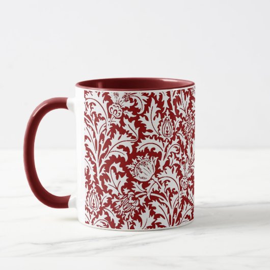 William Morris-Distel-Damast, dunkelrot u. weiß Tasse (Links)