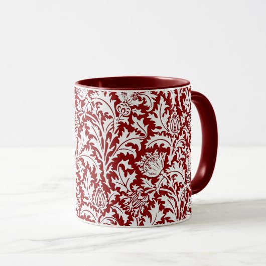 William Morris-Distel-Damast, dunkelrot u. weiß Tasse (VorderseiteRechts)
