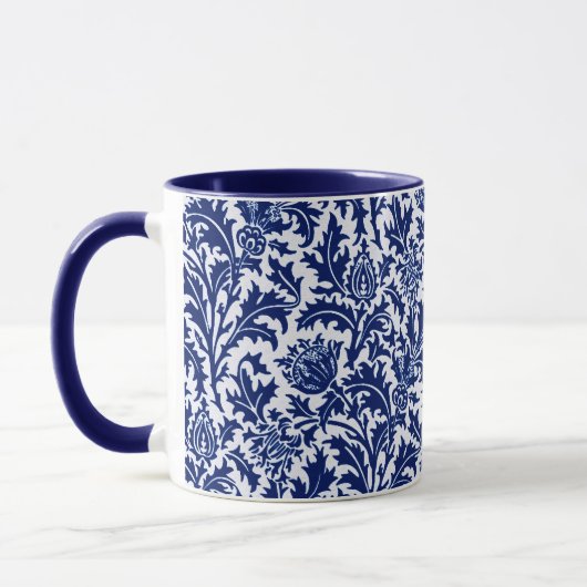 William Morris-Distel-Damast, Kobalt-Blau u. Weiß Tasse (Links)