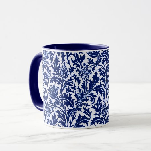 William Morris-Distel-Damast, Kobalt-Blau u. Weiß Tasse (Vorderseite Links)