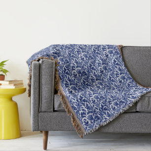 William Morris Distel Damast, Kobaltblau und Weiß Decke