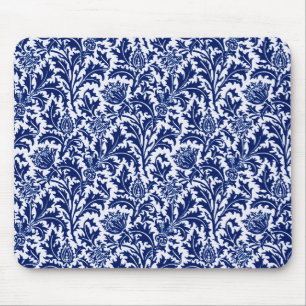 William Morris Distel Damast, Kobaltblau und Weiß Mousepad
