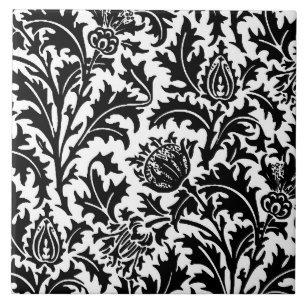 William Morris Distel Damast, Schwarz auf Weiß Fliese